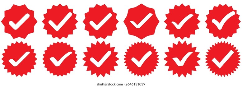 Verified badge profile set. Verified badge. Valid. Social media account verification icon. Verify badge. Red Verified badge icon set. Set of verified badges