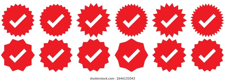 Conjunto de perfiles de insignia verificado. Insignia verificada. Válido. Icono de verificación de Cuenta de redes sociales. Comprobar insignia. Conjunto de iconos de insignia verificada roja. Conjunto de insignias verificadas