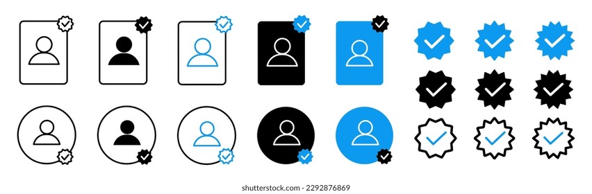 Verified badge profile set. Verification icons of social media account. Blue and black check mark icon. Checked user profile account.
