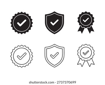 Verified badge symbols, shield security icons, approved checkmark stamps, premium quality labels, protection emblems