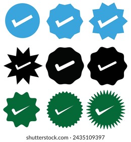 Verified badge tick mark icon, verified and authentic tick mark icon approve sign. Approved icon. Profile Verification. Accept badge. Quality icon. Check mark. Vector illustration.  EPS file 519.
