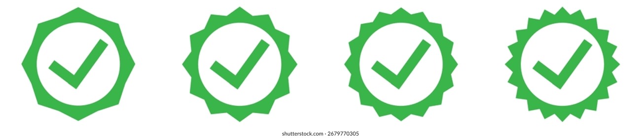 Insignias verificadas. Conjunto de perfiles de insignia verificado. Válido. Icono de verificación de la Cuenta de redes sociales. Conjunto de insignia verificada. Conjunto de iconos de insignia verificado verde EPS10