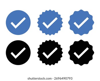 Insignias verificadas. Icono de Vector de insignia verificado. Conjunto de iconos de insignia verificada azul. Colección de diferentes iconos de redes sociales en forma de estrella de estilo