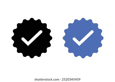 Insignias verificadas. Iconos vectoriales de insignia verificados. Símbolo de verificación. Iconos de verificación de Cuenta de redes sociales. Icono de marca de verificación azul. Insignia de Perfil verificada.