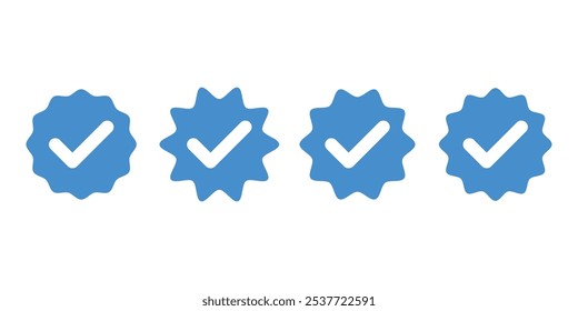 Insignias verificadas. Iconos vectoriales de insignia verificados. Conjunto de símbolos de verificación. Iconos de verificación de Cuenta de redes sociales. Icono de marca de verificación azul. Insignia de Perfil verificada. EPS 10