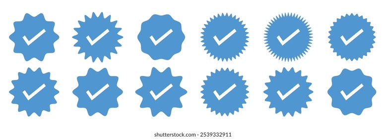 Insignias verificadas. Iconos vectoriales de insignia verificados. Conjunto de símbolos de verificación. Iconos de verificación de Cuenta de redes sociales. Icono de marca de verificación azul. Insignia de Perfil verificada. Ilustración vectorial.