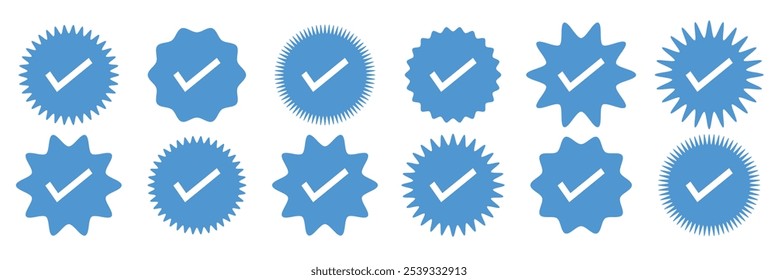 Insignias verificadas. Iconos vectoriales de insignia verificados. Conjunto de símbolos de verificación. Iconos de verificación de Cuenta de redes sociales. Icono de marca de verificación azul. Insignia de Perfil verificada. Ilustración vectorial.