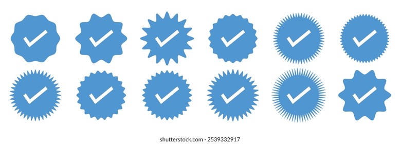 Insignias verificadas. Iconos vectoriales de insignia verificados. Conjunto de símbolos de verificación. Iconos de verificación de Cuenta de redes sociales. Icono de marca de verificación azul. Insignia de Perfil verificada. Ilustración vectorial.