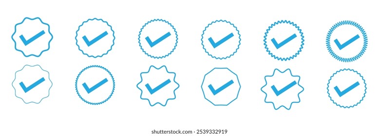 Insignias verificadas. Iconos vectoriales de insignia verificados. Conjunto de símbolos de verificación. Iconos de verificación de Cuenta de redes sociales. Icono de marca de verificación azul. Insignia de Perfil verificada. Ilustración vectorial.