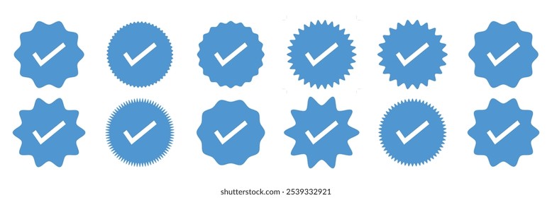 Insignias verificadas. Iconos vectoriales de insignia verificados. Conjunto de símbolos de verificación. Iconos de verificación de Cuenta de redes sociales. Icono de marca de verificación azul. Insignia de Perfil verificada. Ilustración vectorial.