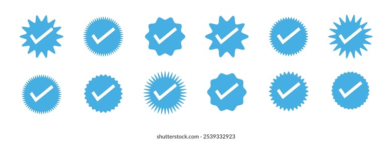 Insignias verificadas. Iconos vectoriales de insignia verificados. Conjunto de símbolos de verificación. Iconos de verificación de Cuenta de redes sociales. Icono de marca de verificación azul. Insignia de Perfil verificada. Ilustración vectorial.