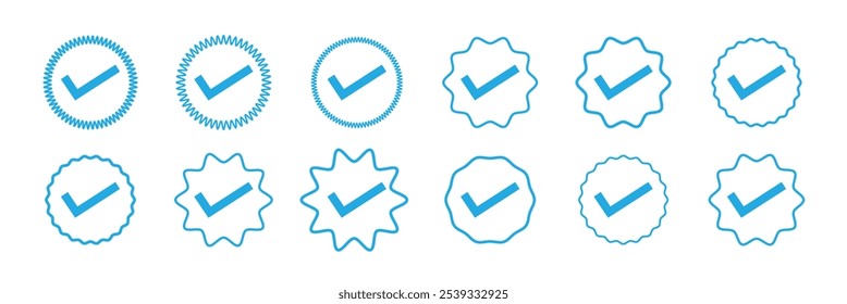 Insignias verificadas. Iconos vectoriales de insignia verificados. Conjunto de símbolos de verificación. Iconos de verificación de Cuenta de redes sociales. Icono de marca de verificación azul. Insignia de Perfil verificada. Ilustración vectorial.