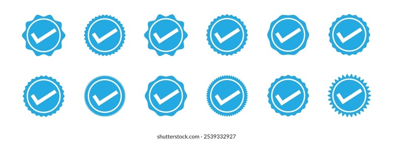 Insignias verificadas. Iconos vectoriales de insignia verificados. Conjunto de símbolos de verificación. Iconos de verificación de Cuenta de redes sociales. Icono de marca de verificación azul. Insignia de Perfil verificada. Ilustración vectorial.