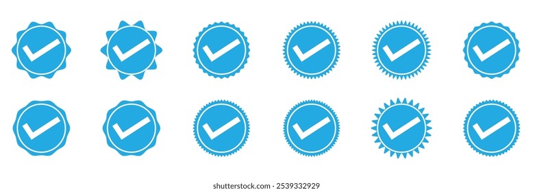 Insignias verificadas. Iconos vectoriales de insignia verificados. Conjunto de símbolos de verificación. Iconos de verificación de Cuenta de redes sociales. Icono de marca de verificación azul. Insignia de Perfil verificada. Ilustración vectorial.