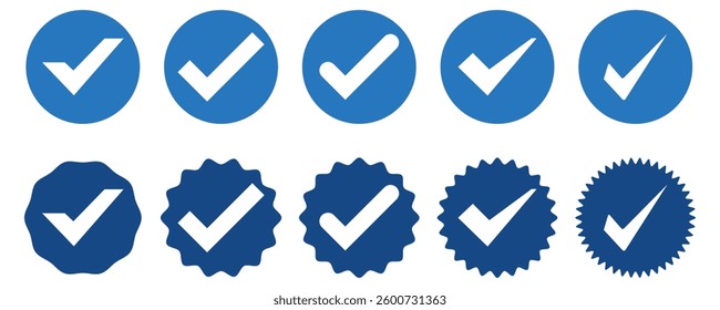 Verified badges. Verified badge vector icons. Verification symbol set. Social media account verification icons. Blue check mark icon. Profile verified badge. EPS 10