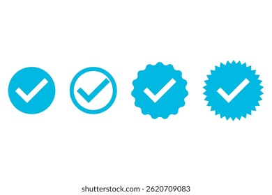 Verified badges. Verified badge vector icons. Verification symbol set. Social media account verification icons. Blue check mark icon. Profile verified badge. EPS 10