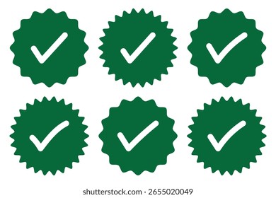 Insignias verificadas. Iconos vectoriales de insignia verificados. Conjunto de símbolos de verificación. Icono de Cuenta de whatsapp verificado verde. Icono de verificación de Cuenta de redes sociales. eps 10