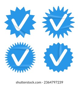 Verified badges with grunge crumpled texture set. Blue confirm symbol, social media account approve icon. Vector illustration isolated on white background