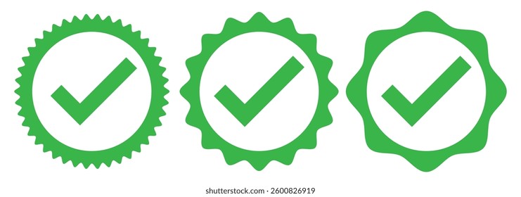 Verified badges icon. Set of verified badge. Green Verified badge icon set. Verified badge profile set . Social media account verification icon. Green check mark icon set. eps 888