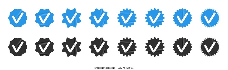Verified badges set. Blue and black check icon with grunge crumpled texture. Confirm symbol, quality stamp, social media account approve sign. Vector illustration isolated on white background
