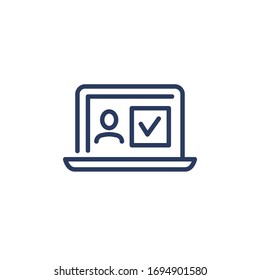 Icono delgado del perfil de candidato comprobado. Pantalla portátil con imagen de perfil personal y marca. Icono de línea para Internet, contratación, recursos humanos, concepto de selección de personal