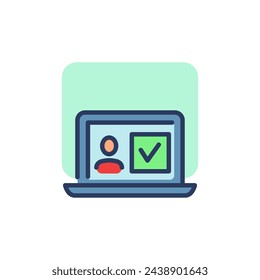 Verified candidate profile thin icon. Laptop screen with personal profile picture and tick. Line icon for internet, recruitment, human resource, personnel selection concept