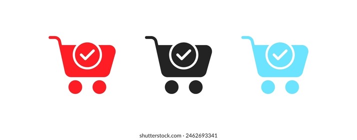 Iconos de Carrito comprobados. Carrito de compras y marca de verificación. Estilo plano. Iconos vectoriales