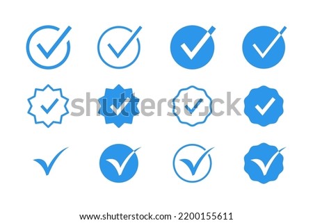 Verified Check Mark Sign Logo Badge Icon Set with Blue Color. Check, Accept, Confirm, Approve, Original, Guarantee.