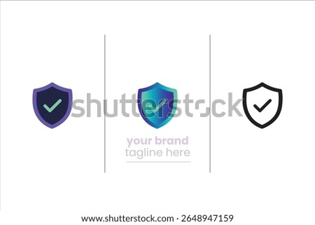 Verified check shield icon in 3 styles – gradient, flat, monochrome. Perfect for app security, verification, system approval badges.