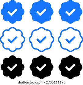 Verificado Conjunto de iconos de insignia de marca de verificación para redes sociales Azul Negro Blanco Vector