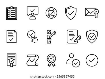 Verified checkmark guarantee approval icon set in outline. containing agreements, confirmation, certification, validation, document, accept, checklist icon. vector illustration EPS 10.