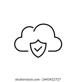 Verified cloud security. Cloud and shield with checkmark. Protected data storage. Pixel perfect vector icon