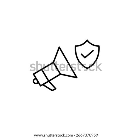 Verified communication, trusted announcements, secure messaging. Megaphone, shield and checkmark. Pixel perfect, editable stroke vector icon