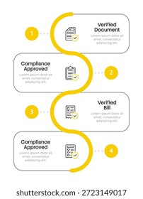 Verificada a conformidade infográfica 4 etapas. Gerenciamento de documentação. Privacidade de dados, procedimentos de segurança. Auditoria de segurança. Fluxo de diagrama dos ícones editáveis com duas linhas de cores
