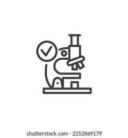 Verified confirmed line icon. linear style sign for mobile concept and web design. Microscope with check mark outline vector icon. Symbol, logo illustration. Vector graphics