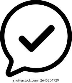 Símbolo de Conversa Verificado: um ícone de vetor conciso que exibe uma marca de seleção dentro de um balão de fala, ideal para representar uma confirmação ou uma discussão concluída.