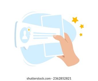 Verified Customer Reviews. Real Feedback for Trust and Satisfaction e-commerce concept. A hand holds a mobile phone with a verified review. Vector illustration isolated on white background with icons