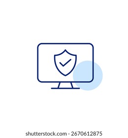 Verified device security, trusted computer protection, secure user data. Shield and checkmark. Pixel perfect, editable stroke vector icon