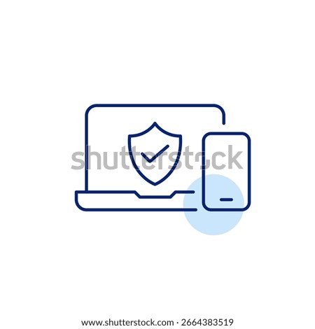 Verified device security, trusted laptop and phone protection, secure computing and communication, approved system access. Pixel perfect, editable stroke vector icon