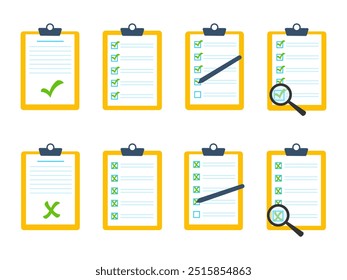 Documento verificado. Lista de verificação. Questionário, pesquisa, área de transferência, lista de tarefas. Lista de verificação com lupa