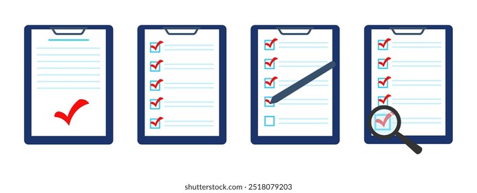 Verified document. Checklist. Questionnaire, survey, clipboard, task list. Checklist with magnifying glass