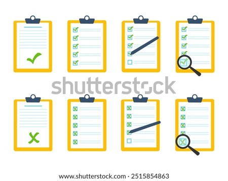 Verified document. Checklist. Questionnaire, survey, clipboard, task list. Checklist with magnifying glass