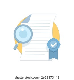 Verified Document Concept. Document with Verification Badge. Approved document. Successful resume check, review or exam. Approved contract, agreement. Vector Illustration Design.