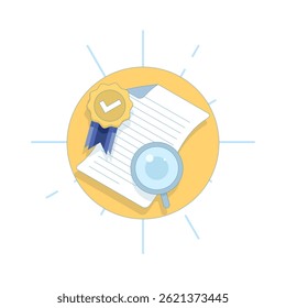 Verified Document Concept. Document with Verification Badge. Approved document. Successful resume check, review or exam. Approved contract, agreement. Vector Illustration Design.