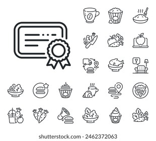 Verified document sign. Crepe, sweet popcorn and salad outline icons. Certificate line icon. Accepted or confirmed symbol. Certificate line sign. Pasta spaghetti, fresh juice icon. Vector