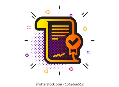 Verified document sign. Halftone circles pattern. Approved agreement icon. Accepted or confirmed symbol. Classic flat approved agreement icon. Vector