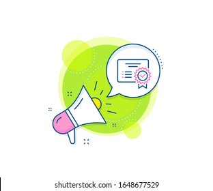  Signo de documento verificado. Icono del complejo de promoción Megaphone.Icono de línea de certificado. Símbolo aceptado o confirmado. Banner de marketing de negocios. Signo de certificado. Vector
