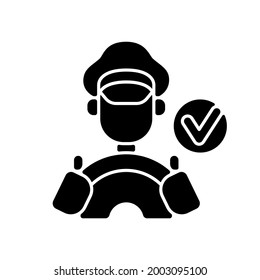 Icono de glifo negro de controladores verificados. Conductores con licencia. Seguro de viaje. Consulta al personal del servicio de taxi. Conductores con licencia. Viaje seguro.Símbolo de silueta en espacio blanco. Ilustración aislada del vector