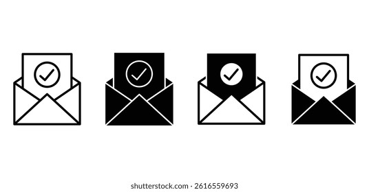 Verified Email Icon Set Black and White Envelope Illustrations with Check Marks Vector Design