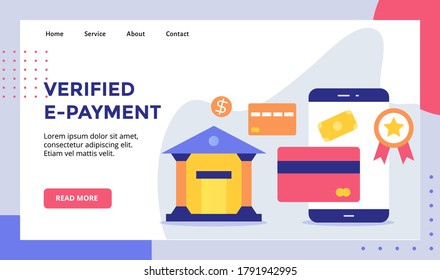 Verified e-payment card bank campaign for web website home homepage landing page template banner with flat style